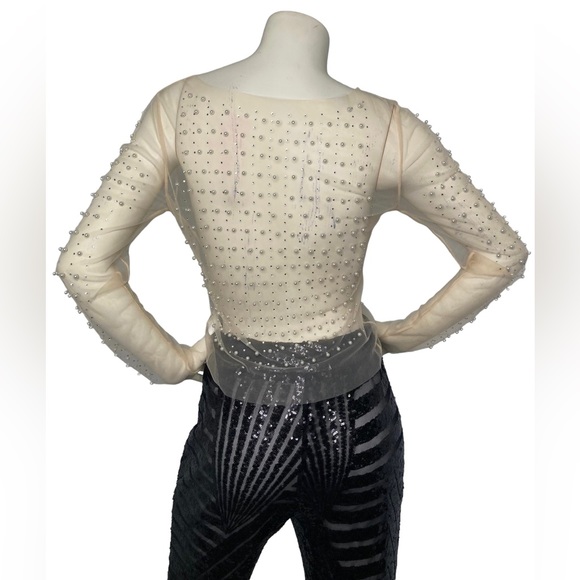 FASHION CLASSIC COLLECTION Nude Sheer Mesh See Through Pearl Diamond Crop Top, L - Picture 10 of 16